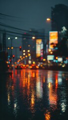 Obraz premium Rainy City Evening with Glowing Billboards and Bokeh Traffic Lights