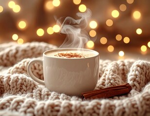 Cozy Christmas Hot Cocoa with Cinnamon and Fairy Lights, Warm Winter Scene: Cup of Hot Cocoa, Cinnamon, and Fairy Lights, AI generated image