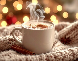 Cozy Christmas Hot Cocoa with Cinnamon and Fairy Lights, Warm Winter Scene: Cup of Hot Cocoa, Cinnamon, and Fairy Lights, AI generated image