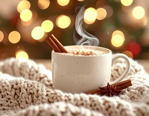 Cozy Christmas Hot Cocoa with Cinnamon and Fairy Lights, Warm Winter Scene: Cup of Hot Cocoa, Cinnamon, and Fairy Lights, AI generated image