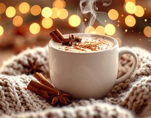Cozy Christmas Hot Cocoa with Cinnamon and Fairy Lights, Warm Winter Scene: Cup of Hot Cocoa, Cinnamon, and Fairy Lights, AI generated image