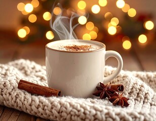 Cozy Christmas Hot Cocoa with Cinnamon and Fairy Lights, Warm Winter Scene: Cup of Hot Cocoa, Cinnamon, and Fairy Lights, AI generated image