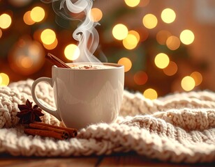 Cozy Christmas Hot Cocoa with Cinnamon and Fairy Lights, Warm Winter Scene: Cup of Hot Cocoa, Cinnamon, and Fairy Lights, AI generated image