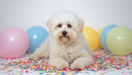 Playful Pup Amidst a Colorful Celebration, a Flurry of Confetti and Bright Balloons.