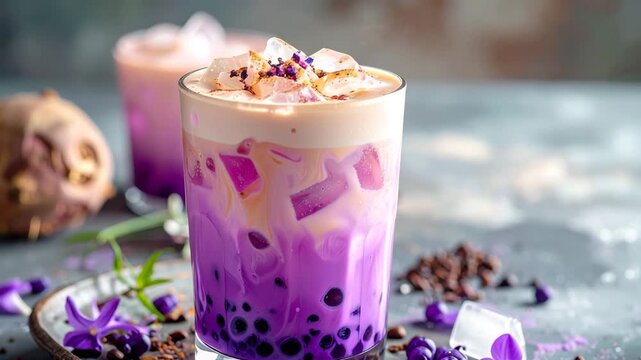 Hyper-Realistic Close-Up of Taro Iced Latte with Purple and Cream Layers