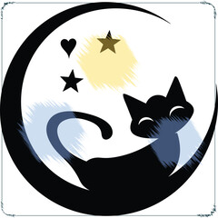 Whimsical black cat sleeping on a crescent moon with stars and a heart floating above in a dreamlike design