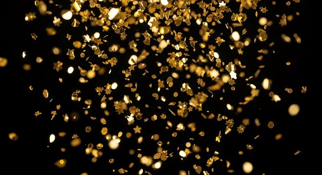 Golden confetti falls against a stark black background, creating a festive and celebratory atmosphere. - Powered by Adobe