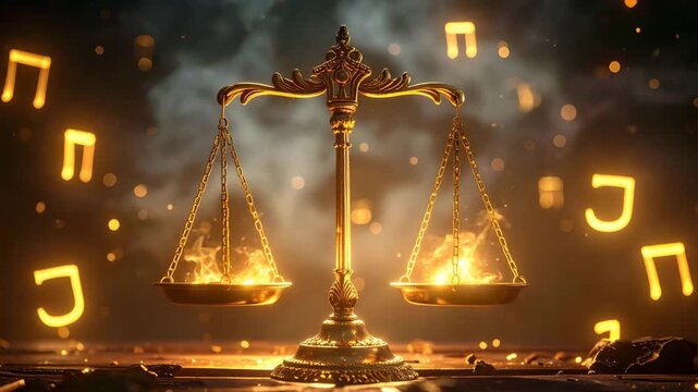 Symbolic Golden Balance Scale of Justice and Forgiveness with Fiery Pans