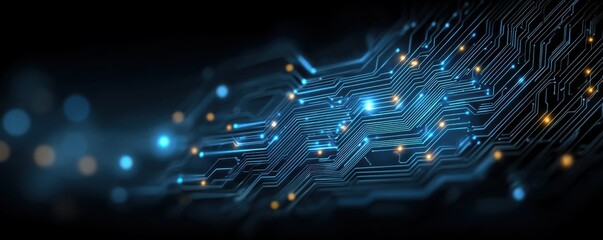 Abstract blue and orange digital circuit board glowing in the dark