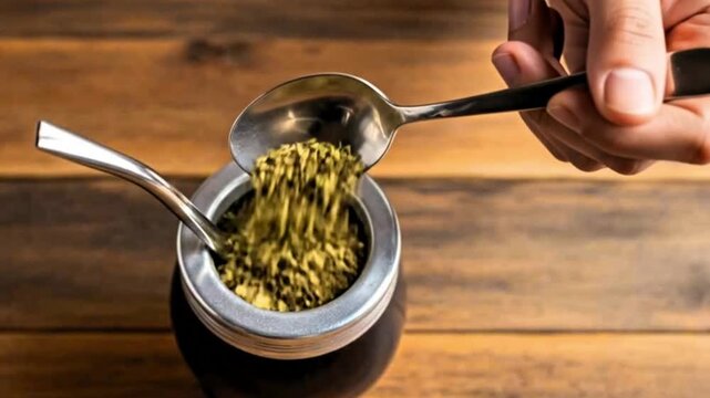 Video, yerba mate, hand with a spoon pouring Ilex paraguariensis leaves into a glass, Yerba Mate Tea Cup, South American herbal tea