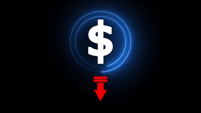 Money loss. Cash with down arrow stocks graph, concept of financial crisis, market fall. animated of cost symbol dollar increase and decrease icon, money, dollar sign with arrow down
