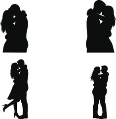 Romantic couple silhouette set, love and kiss poses, black vector icons, affectionate embrace illustrations, Valentine intimacy graphic elements