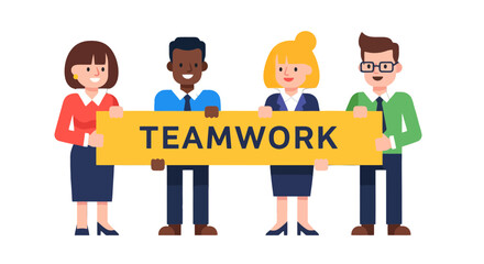 Unified Group Presenting Teamwork Concept With Illustrated Characters And Modern Aesthetic