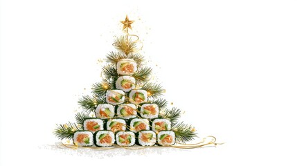 A creative Christmas tree made of sushi rolls arranged in a triangular shape. The tree is decorated with pine branches and a star on top.