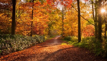 Warm Sunlit Woodland Path Surrounded By Vibrant Autumn Foliage