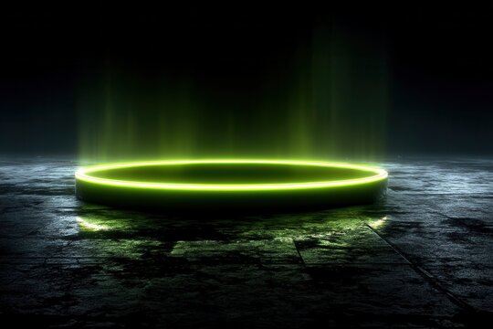 Abstract glowing green circle in a dark and mysterious environment