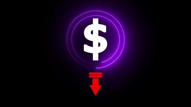 Money loss. Cash with down arrow stocks graph, concept of financial crisis, market fall. animated of cost symbol dollar increase and decrease icon, money, dollar sign with arrow down