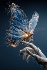 Abstract low-poly hand holding a luminous geometric butterfly in motion