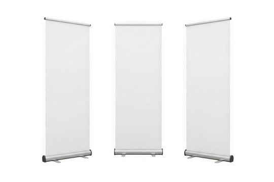 Three blank white retractable banner stands lined up for advertising and promotion display mockups isolated on transparent background