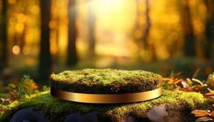 Moss Stone Podium Eco Yellow Golden Shiny Magic Background Beauty Cosmetics Concept Forest Miniature Platform Showcase 3D Professional Photography Autumn Dreamy Aesthetic