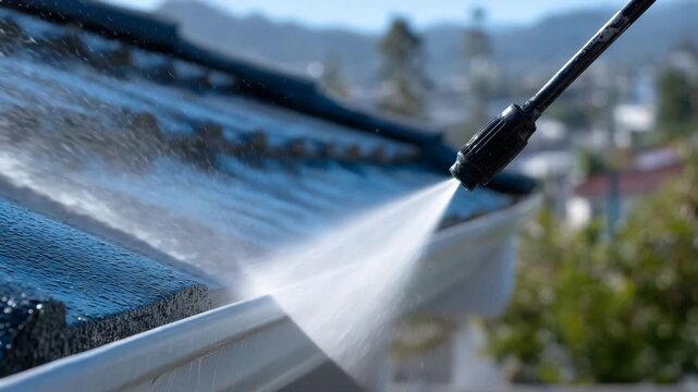 High-pressure nozzle angled at gutter corner, concentrated jet removing built-up grime, water spray sparkling in daylight, roofline forming clean architectural lines