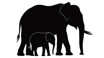 Fototapeta premium Elephant family silhouette mother and baby simple vector illustration isolated on white background