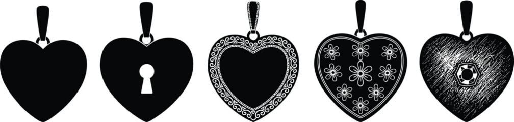 Heart pendant, romantic jewelry, keyhole design, floral pattern, gemstone accent, silhouette icon, vector illustration, fashion accessory, love symbol