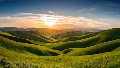 Breathtaking Sunrise Over Rolling Green Hills Nature Scenery Landscape Photography Tranquil Environment Wide Angle View
