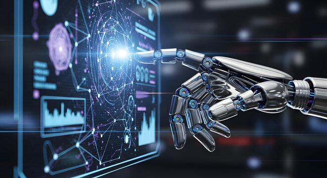 Futuristic AI robot hand touching a glowing holographic interface - Powered by Adobe