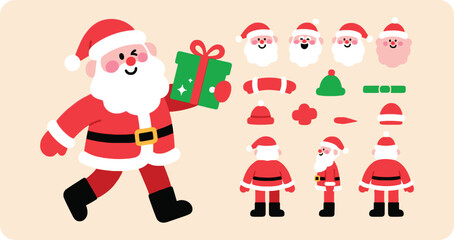 Happy Santa Claus holds a gift box. Flat cartoon character with joyful illustration holiday spirit and Christmas decorative elements. Season celebration design.