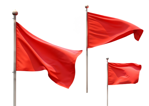 set of  red flags waving on poles isolated on a transparent background.PNG
