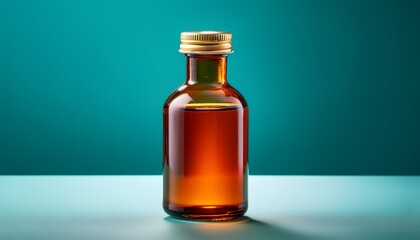 Glass Bottle Filled With Rich Amber Liquid Stands Against Vibrant Teal Background Showcasing Beauty Of Pharmacy Bio Products