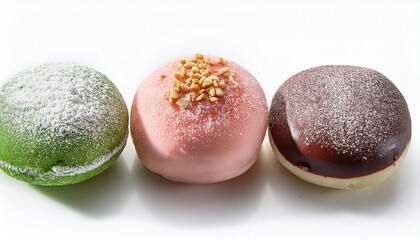 A Variety Of Mochi Donuts Or Pon De Rings Collection Of Various Donuts Flavor Chocolate Strawberry Blueberry White Chocolate Mint Chocolate Matcha Flavor Isolated On White Background
