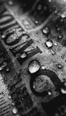 Macro Close-Up of Bold Headline with Raindrops in Black-and-White Artistic Style