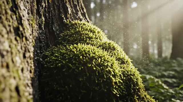 Sunlight filters through tall trees, illuminating the lush green moss that blankets the rugged bark. This serene forest reminds us of nature's quiet beauty and tranquility.