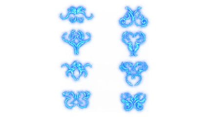 set of six abstract ornamental elements with glowing neon outlines and swirling patterns isolated on transparent background