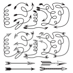 Collection of black curved and straight arrows pointing in various directions