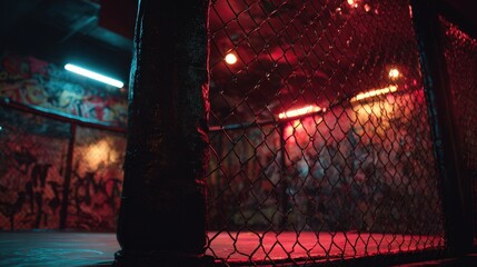 Moody Underground Fight Cage with Neon Red Highlights