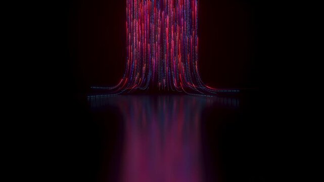 A futuristic visualization of data transmission and information streaming through high-speed optical fiber. Seamless looping 3D animation of glowing multicolored particles and neon light trails.