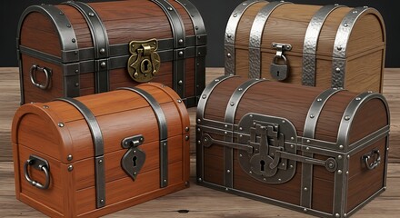 An image featuring four distinct, aged wooden trunks, perfect as assets for a fantasy video game