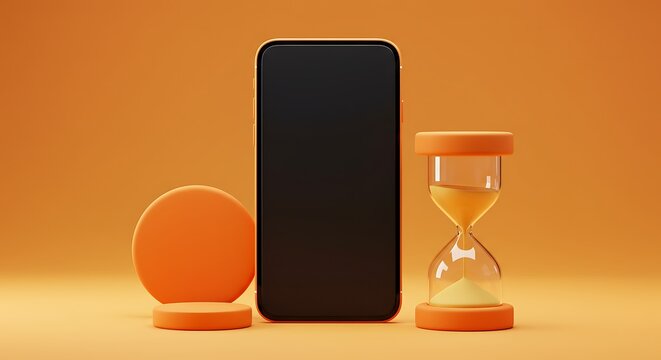 Sleek smartphone mockup with stylish hourglass timer and orange geometric shapes for modern app design and time management solutions now