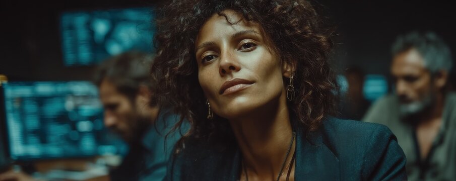 Portrait of a confident woman in a dark blue blazer in a tech office setting
