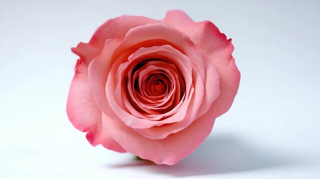 A single pink rose placed on a clean white background