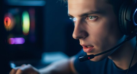 Young man gamer wearing headset playing video game on computer. Focused male esport player at tournament. Online competition, stream, professional gaming.