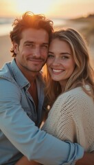 Fototapeta premium Joyful couple embracing at sunset on the beach
