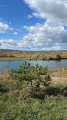 Peaceful autumn landscape with a calm river, colorful trees, and a grazing cow on a green hillside under a cloudy sky