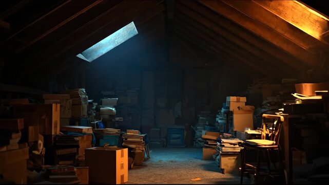 Dark and Dusty Attic Storage Room with Dramatic Light Beams.