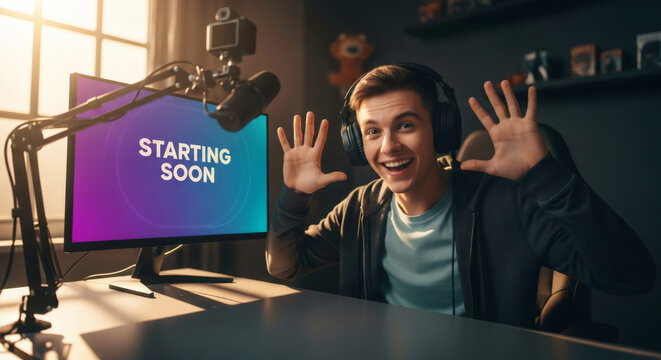 Young man wearing headphone ready for streaming video game. Excited male gamer broadcasting his gameplay to an online audience on a computer monitor starting soon.