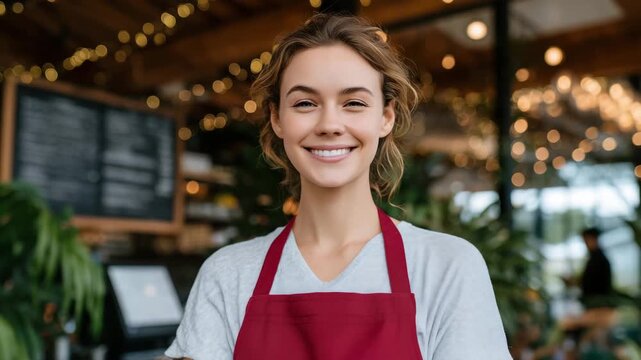 Woman in red apron leaning slightly forward, smiling confidently, illuminated restaurant menu board and decorative hanging lights visible, interior cozy and modern