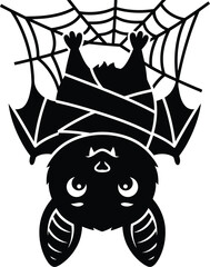 Cute hanging bat illustration with spooky spiderweb detail
